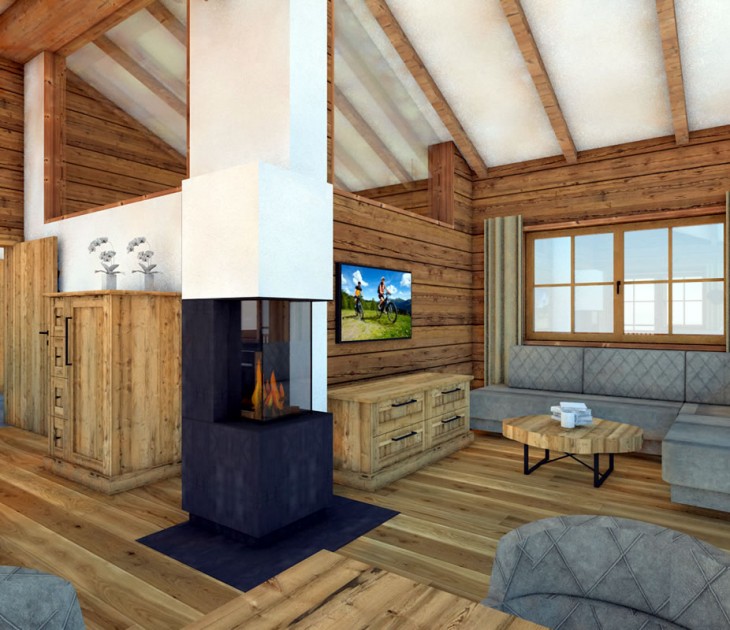 Gem&uuml;tlicher Wohnraum mit Kamin im Chalet Dorfer