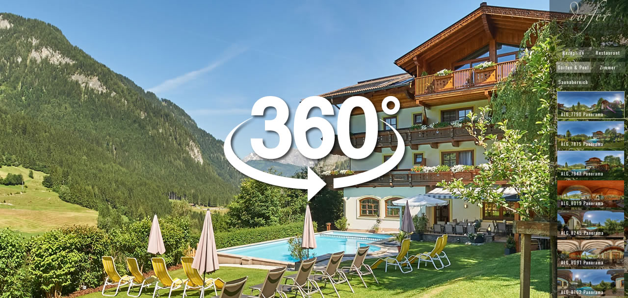 360° Tour der Außenanlage von Hotel Dorfer, inkl. Swimmingpool